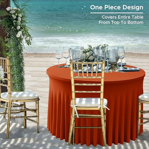 Image of HolidayIdeas 6 Pack Spandex Table Skirts for 60 Inch Round Table, Fitted Ruffle Tablecloth, Wrinkle Resistant for Outdoor Reception, Bridal Shower Cake Table, Rust