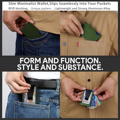 Image of Minimalist Carbon Fiber Wallet for Men, Money Clip Cash Strap Wallet, RFID Blocking Metal Wallet Aluminum Card Holder,Front Pocket Wallet(Matte Green)