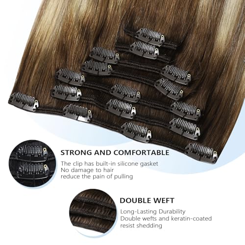 Image of COOKAYU Clip in Hair Extensions Real Human Hair, 18inch 120g 7Pcs 3 /8 /22 Walnut Brown to Ash Brown and Blonde Hair Extensions Clip in Human Hair Thick Silky Straight Extensions