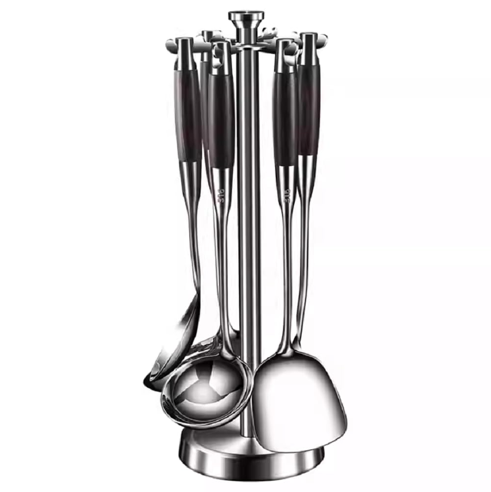Juego de utensilios de cocina de acero inoxidable, 6 herramientas de cocina, incluyendo espátula, cuchara de sopa, volteador, servidor de pasta y pala con fugas para cocinar y servir