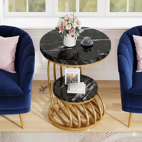 Image of MELVON End Table /Side Table with Black Marble Look Engineered Wood Top & Golden Metal Frame, 2 Tier Storage for Living Room, Bedroom & Office | Golden & Black