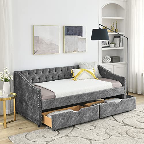 Daybed with Drawers, Modern Upholstered Twin Size Day Bed Button-Tufted Sofa Daybed Frame with...