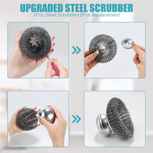 Image of 4Pcs Steel Wool Scrubber with Replacement Wire Pads Set, Stainless Steel Pot Scrubber with Handle for Cleaning Dishes,Cast Iron, Pots,Pans,Griddles,Grills, Stoves, Sink (2 Scrubber+2 Pads)