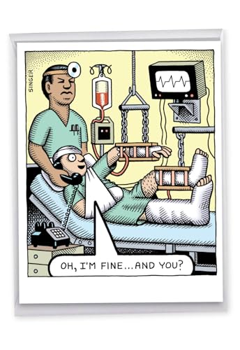 NobleWorks - Jumbo Funny Get Well Greeting Card (8.5 x 11 Inch) - Humor Cartoons, Feel Better Soon Card - I'm Fine J2592GWG