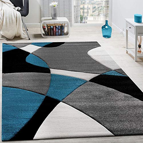 Paco Home Créateur Tapis Moderne Motifs Géométriques Découpe des Contours en Turquoise Gris Noir, Dimension:120x170 cm