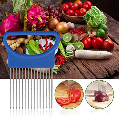 Food Slice Assistant Onion Holder Slicer, kitchen Gadgets kitchen Utensil Holder - Stainless Steel Vegetable Holder Tomato Slicer Meat Slicer, Cutting Kitchen Gadget Onion Peeler (Blue) - Thumbnail 3