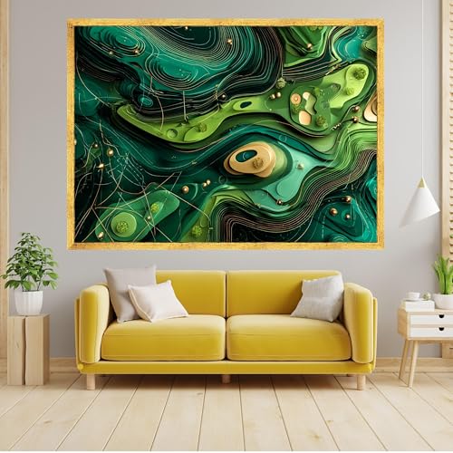 Tableau abstrait sur toile vert 70x100 cm avec cadre intérieur géométrique - 2