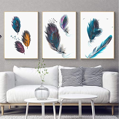 Peinture sur toile aquarelle de plumes colorées 50x70 cm x 3 pour décoration de salon