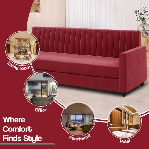 Image of 3+2 Fabric Sofa Set with Ottoman for Living Room | Modern Upholstered 5-Seater Couch | Soft Cushion, Premium Velvet Fabric - Red Color