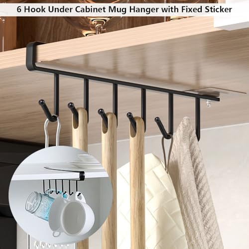2 Pack Storage Mug Hooks Rack Under Cabinet Each with Fixed Sticker, 6 Hooks Cup Holder Hanger, Ties Belts Scarf Hanging Hook Rack, Mug Hook Hanger Under Shelf Without Drilling Kitchen Utensil Hanger - image 3