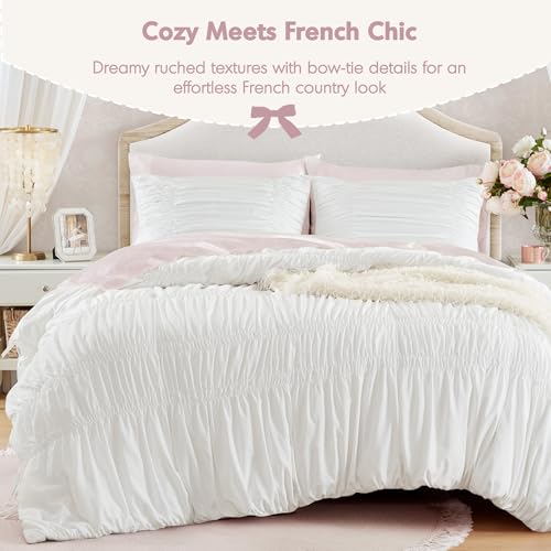 Image of Intelligent Design Ruched Shabby Chic White Queen Comforter Set, 3pc