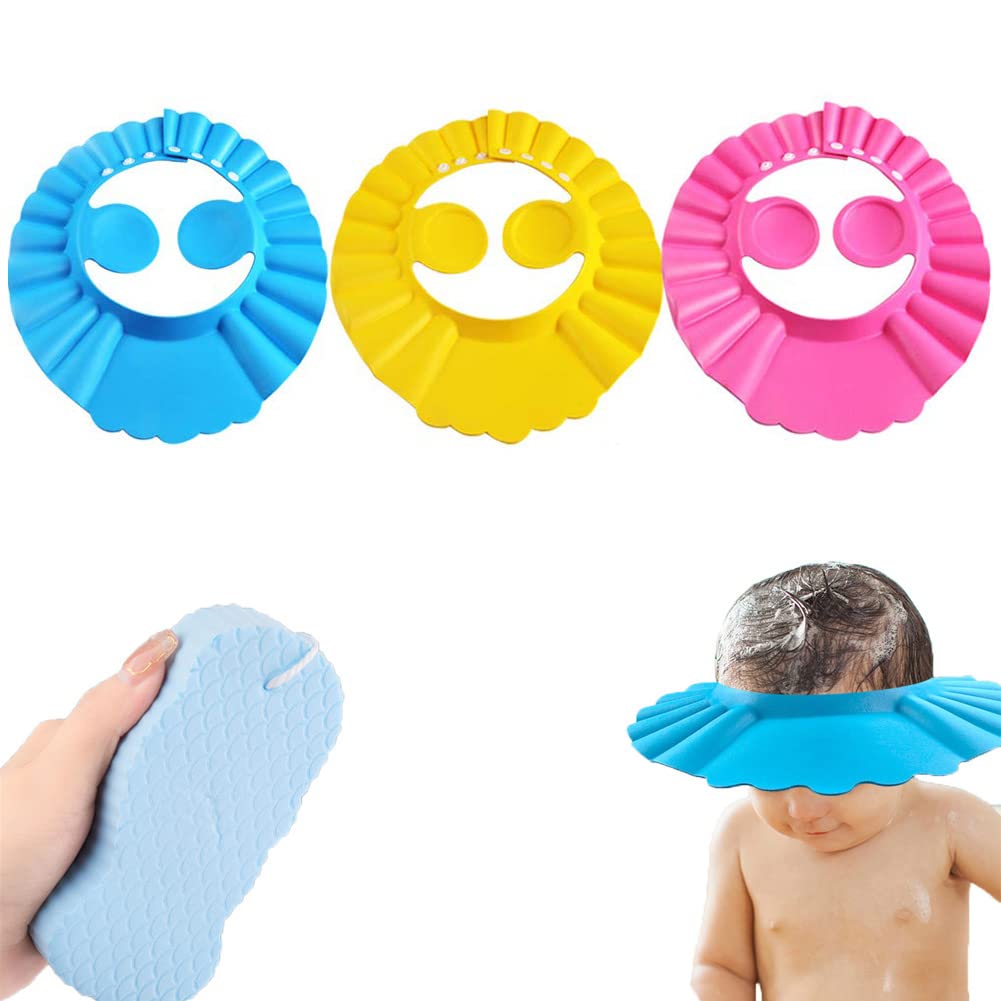Baby Shower Cap Bathing Cap, 3 Pcs Soft Adjustable Shower Caps And Bath Sponge, Wash Hair Shield with Ear Protection, Protect Your Baby Eyes for Toddler, Baby, Kids, Children.