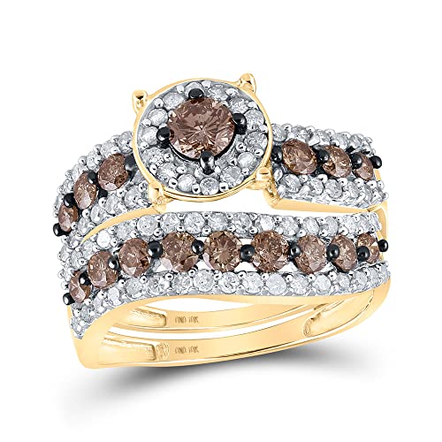 Solid 10K Yellow Gold Real Brown Natural Diamond Bridal Matching Engagement Ring Wedding Band Set 1-3/4 Carat (1.72 Cttw)