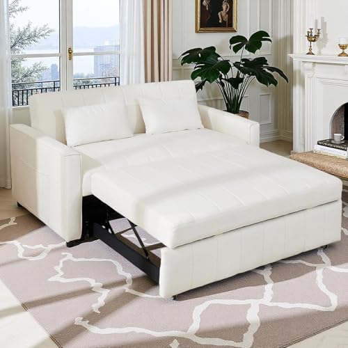 Hixkol Convertible Sleeper Sofa Bed, 55.51' Modern Velvet 3-in-1 Futon Couch, Pullout Bed with Adjustable Backrest, Storage Pockets and Toss Pillows for Living Room, Bedroom (White)