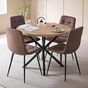 DEYARNA HOME Essgruppe 5-Teilig, 100cm Runder Esstisch und 4 Kunstleder Esszimmerstühle, Tisch und 4 Stühle für Küche, Wohnzimmer, Balkon, Restaurant, Büro (Helle Holzfarbe+Dunkelbraun)