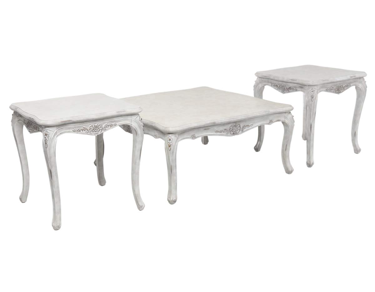 Homes r us Luxury Collection EMILY Coffee Table with 2-Piece End Table Set, Antique White - 110 x 110 x 50 cms