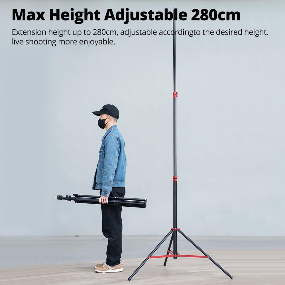 AMBITFUL GM280P Stojak na światło z amortyzacją powietrzną, obciążenie 10 kg, wysokość 108-280 cm, czerwony akcent z klapką na czarnym korpusie do oświetlenia pierścieniowego, aparatu, LED