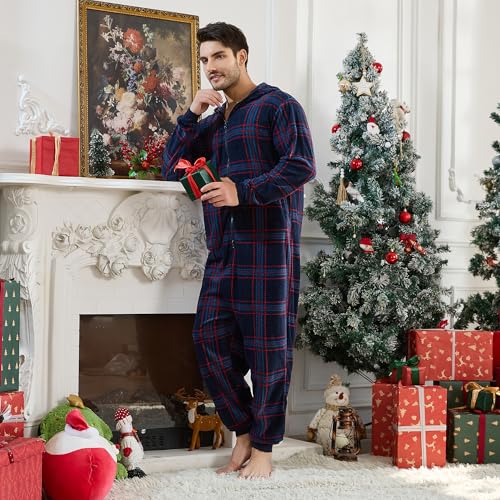 U2SKIIN Couple Onesie Pajama Sets, Hooded Zipper Christmas Matching Plaid Pjs Set for Men and Women Soft Warm Jumpsuit4