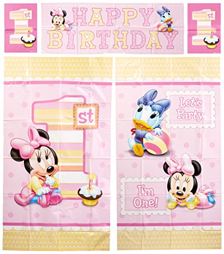 Amscan Disney Baby Minnie Mouse 1st Birthday Scene Setters Wall Decorating Kit, Large, Pink