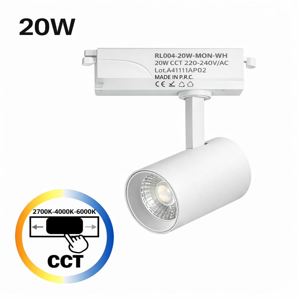Alpinaluz Foco LED para Carril Monofásico 20W 2000lm CCT Seleccionable 2700K-4000K-6000K Orientable Blanco Mate con Ángulo de Apertura de 40° para Iluminación Comercial y Residencial