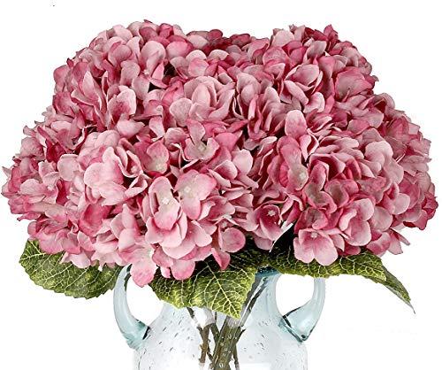 Blooming Paradise 5Heads Artificial Fake Flower Plants Silk Hydrangea Arrangements Wedding Bouquets Decoration Plastic Home Kitchen Garden Party Table Floral centerpieces DIYï¼ˆGrey Pinkï¼‰