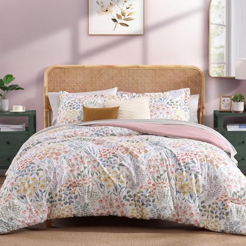 CASAAGUSTO Full Comforter Set, 7 PCS Pinkish Floral Comforter Set with Flowers Leaves Pattern, Soft Seersucker Design All Season Full Size Bedding Set(80"X90")