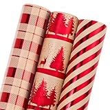 sayrrame Christmas Wrapping Paper Rolls -Premium Matte Vintage Red Gift Wrapping Paper 3 Rolls Set (17 Inch X 33 Feet), Features Christmas Tree, Reindeer, Red Plaid, Stripes Designs for Gift Wrapping