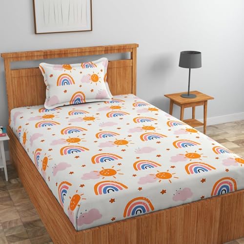 Image of RD FABS Glace Cotton Wrinkle Free Soft Hypoallergenic Bed Sheet | Cartoon Printed | Single Bedsheet Kids Bedsheet for Boys & Girls Room with 1 Pillow Cover (60X90 Inches /Multi /Rainbow), 144 tc