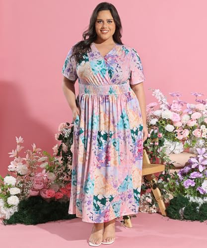 Image of CARCOS Plus Size Dresses for Curvy Women V Neck Summer Maxi Dress Short Sleeve Floral Boho Dress Smocked Waist Beach Dress