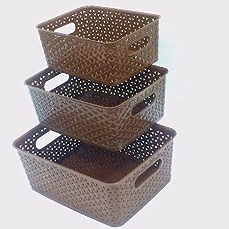 NAOE Plastic 4.25 L Multipurpose Baskets Without Lid, Brown(Set of 3)
