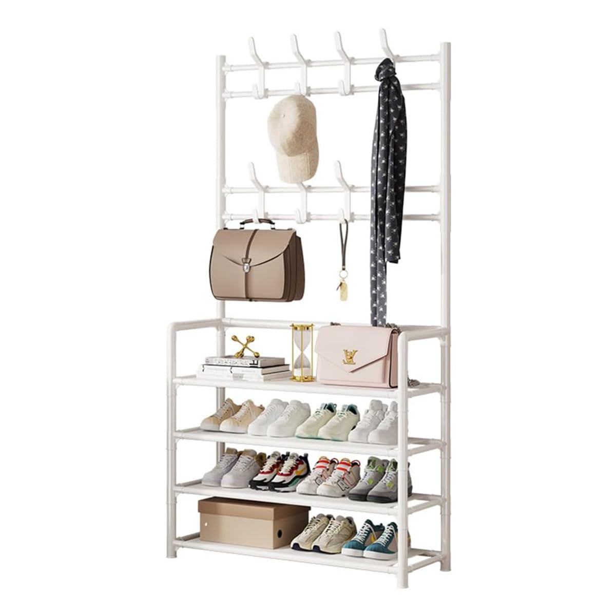 FGXHHS Multifunctional 60CM Simple Metal Coat Rack & Shoe - Wall-Mounted Clothes Hanger, Floor Storage, Versatile Wardrobe for Hallway Entryway Elegant White Finish