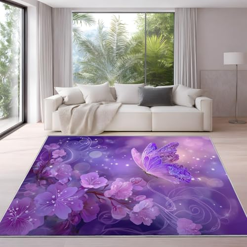 Genérico Púrpura Azul Alfombras para Sala de Estar, Lavables, Antideslizantes 60 x 120 cm, Dormitorio Cocina Comedor Alfombra de Interior de Pelo Corto Fantasía Elegante Mariposa Floral Alfombras