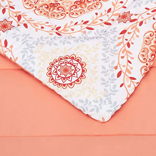 Image of Amazon Basics Full /Queen Comforter Set with Sheets, 7-Piece Coral Medallion Bedding, Lightweight Microfiber Bed-in-a-Bag