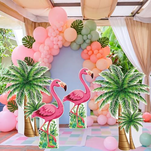 Image of 4 Pcs Hawaiian Party Decorations Set, Summer Flamingo and Coconut Tree Standee for Tropical Luau Birthday Party Beach Backdrop Photo Booth Props