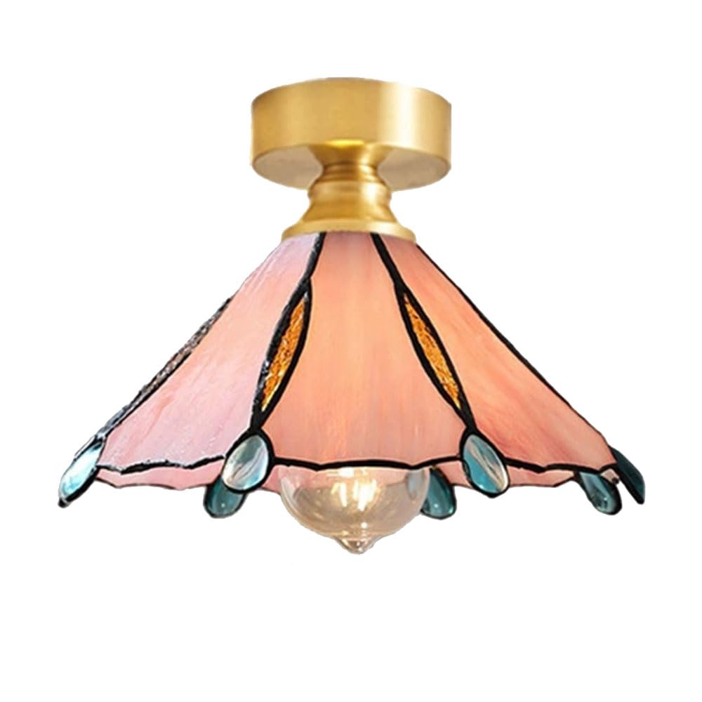 YGZPALH Gold Metal Ceiling Light, French Retro Style Entryway Stained Glass Light Fixture Small Schoolhouse Style Semi Flush Mount Ceiling Light E26 Fixtures for Bedroom Hallway Indoor Lighting