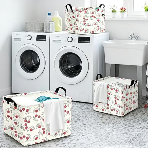 Image of Large Baby Cherry Basket Collapsible Kids Toy Storage Bin Gift Box Nursery Room Decor (Blue Leaf Circle Dot Cherry)