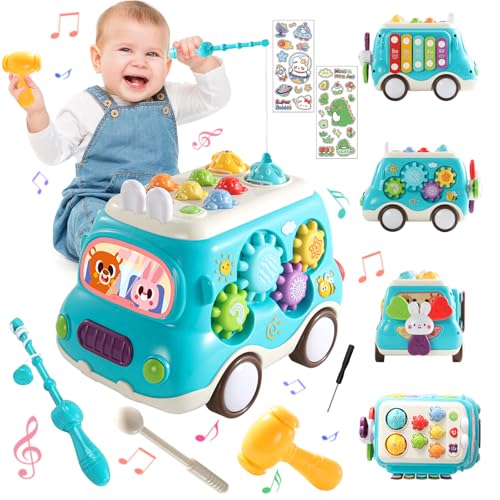 Jouet Enfant 1 2 3 an,Jouet Montessori Bebe,Bus Musicaux Sensoriel avec Jeu Pêche,Jeu Marteau,Jouets Éducatifs Motricité Fine,Cadeaux d'anniversaire pour 12-18 Mois Garçon Fille