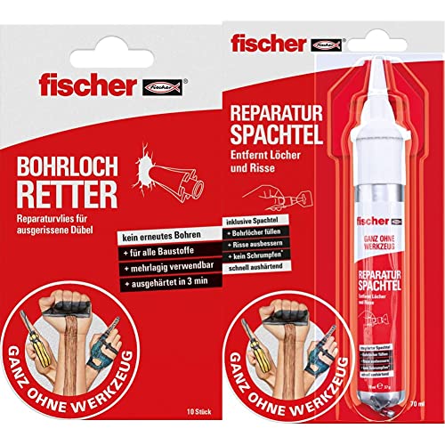fischer BOHRLOCH RETTER, Reparaturvlies für ausgerissene Dübel in Weiß, 10 Stück & REPARATUR SPACHTEL, 1x Reparaturspachtel-Tube, 70ml, Bohrlöcher füllen, Risse ausbessern, schnell aushärtend fischer BOHRLOCH RETTER, Reparaturvlies für ausgerissene Dübel in Weiß, 10 Stück & REPARATUR SPACHTEL, 1x Reparaturspachtel-Tube, 70ml, Bohrlöcher füllen, Risse ausbessern, schnell aushärtend