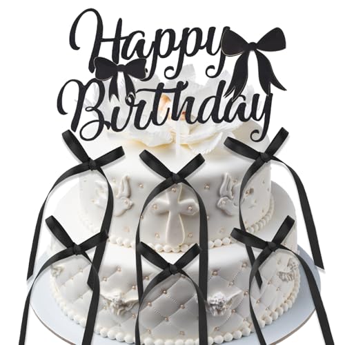 BOXOB 6uds Decoración para Tarta con Lazo y Letrero de Feliz Cumpleaños, Color Negro Decoraciones Fiesta Cumpleaños Coquetas para Bodas Aniversarios Baby Shower