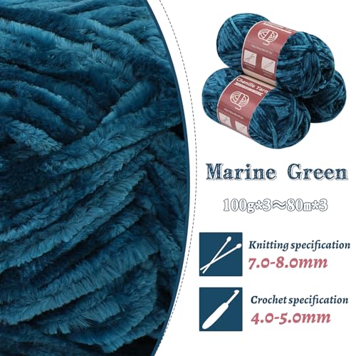 Image of LUNARM Chenille Yarn 3 Pack 3.5oz Chunky Blanket Velvet Yarn 263 Yard | Marine Green Chunky Chenille Yarn for Beginners Crocheting Hand Knitting Scarves with Big Eye Needles Machine Washable