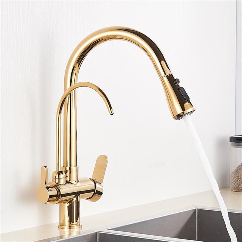 MXXQRHF Mixer Faucet Kitchen Faucet 360° Rotatable Faucet Kitchen Spiral Spring Faucet Pull-Out with Pure Water Deck Installation,Golden
