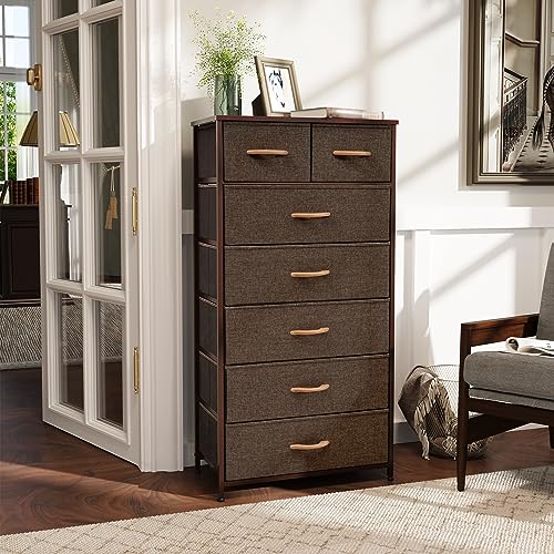 Image of Tall Dressers for Bedroom, 7 Drawers Dresser Fabric Storage Closets Storage Units Organizer Tower Steel Frame Wooden Top for Bedroom, Hallway,Nursery, Entryway(Dark Brown)