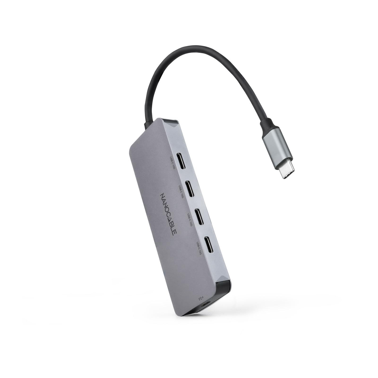 NANOCABLE 10.16.4505 koncentrator USB-C męski na 4 x USB-C żeński + USB-C PD 100 W, aluminium, 10 cm, szary, USB 3.2 Gen 2 x 1, kompatybilny z Windows, MacOS i Linux