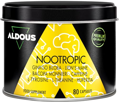 Nootropique Naturel - 80 Gélules - Brain Booster - Focus - Mémoire et Concentration, Énergie - Ginkgo Biloba, Lions Mane, Caféine, Bacopa Monnieri, Tyrosine, Théanine, Huperzia - ALDOUS
