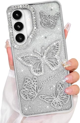 Image of Elzzi Electroplated Butterfly Phone Cover for Samsung S26 Plus Case, Showcasing Pearlescent Diamond Soft TPU, Camera Protection, Shockproof, Dropresistant Stylish for Girls & Women (Grey)
