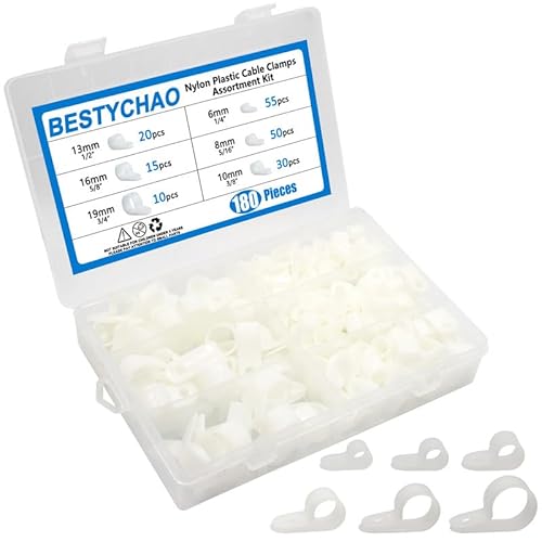 BESTYCHAO Cable Clips, 180PCS Nylon R-Type Cable Clamps Assortment, 6 Sizes Cord Fastern 6mm 8mm 9mm 13mm 16mm 19mm for Electric Wire Mounting, Cable Management White