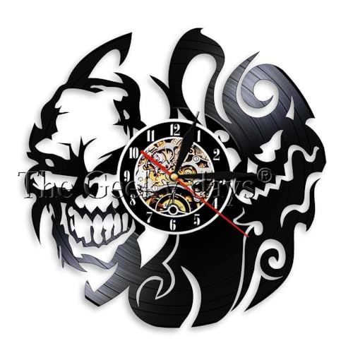 Image of PODODO Horror Skull Gothic Halloween Decor Wall Clock Scary Skeleton Vinyl Record Wall Clock Devil Skull Gifts Decorative Wall Watch Without LED