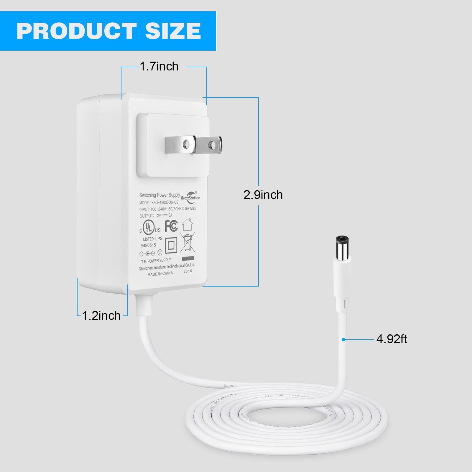 iNextStation 3A 12V Power Adapter Supply AC 100-240V to DC Transformer for LED Light Strip LCD Monitor Router Car Devices 5.5mm X 2.1mm US Plug UL Listed