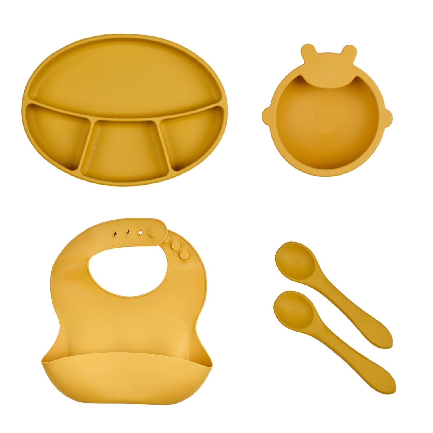 THERMOBABY - Pack Repas Bébé En Silicone – Assiette Avec Ventouse, Bol Avec Ventouse, Bavoir, Cuillères – Set Complet Et Pratique Pour Les Premiers Repas De Bébé - Jaune Miel