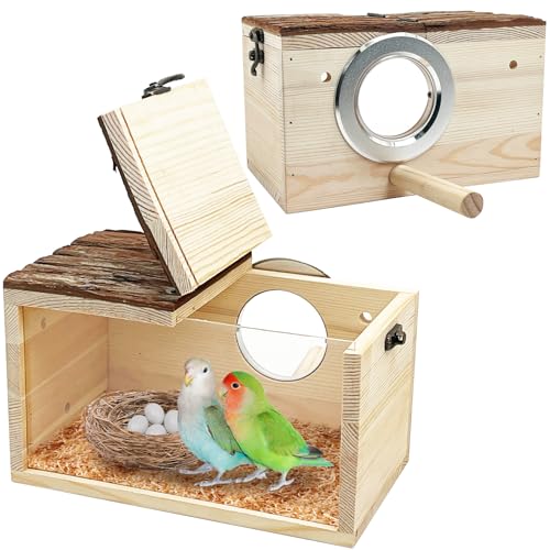 Image of Tfwadmx Parakeet Nesting Box - Wooden Parrot Nest for Cockatiel, Lovebirds, Budgie, Conure - Acrylic Transparent Bird House With Perch for Breeding